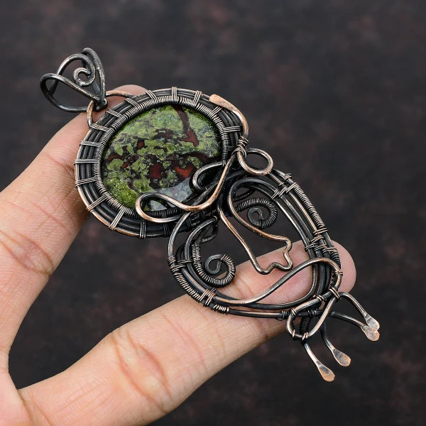 Dragon Bloodstone Oval Green Handmade Copper Wire Wrapped Pendant