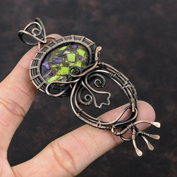 Copper Stichtite Oval Green Handmade Copper Wire Wrapped Pendant
