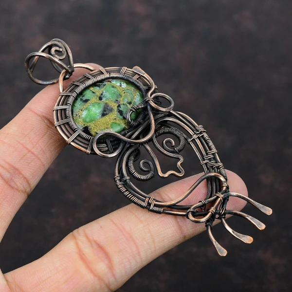 Copper Ruby Zoisite Oval Green Handmade Copper Wire Wrapped Pendant