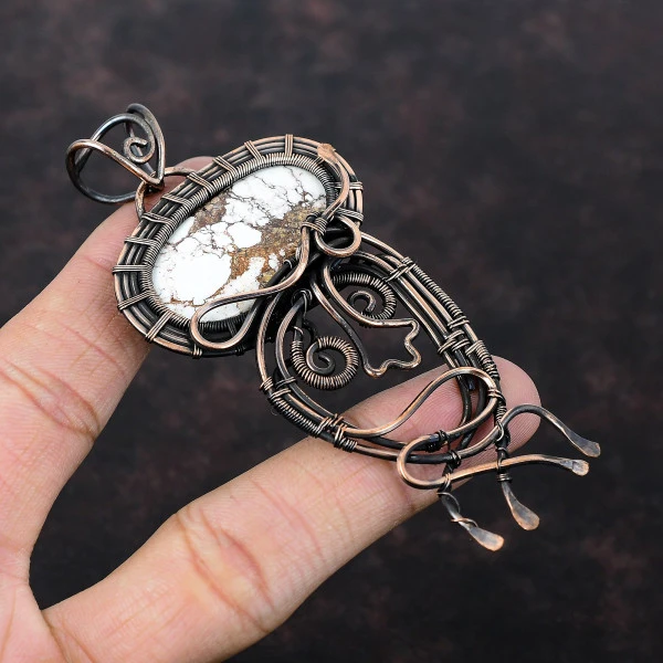 Wild Horse Magnesite Oval White Handmade Copper Wire Wrapped Pendant