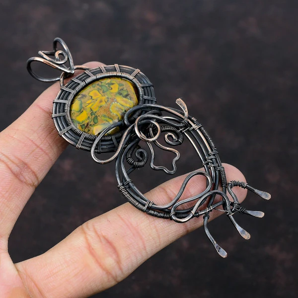 Fruit Jasper Oval Yellow Handmade Copper Wire Wrapped Pendant