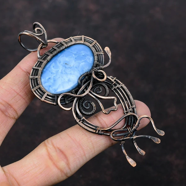 Owyhee Blue Opal Oval Blue Handmade Copper Wire Wrapped Pendant
