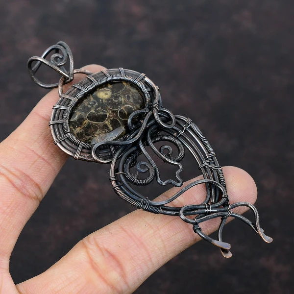 Turritella Agate Oval Brown Handmade Copper Wire Wrapped Pendant