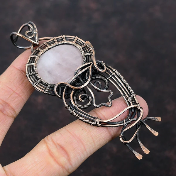 Rose Quartz Oval Pink Handmade Copper Wire Wrapped Pendant