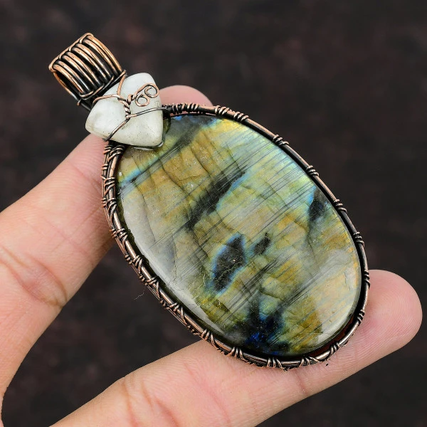 Labradorite Oval Gray Handmade Copper Wire Wrapped Pendant