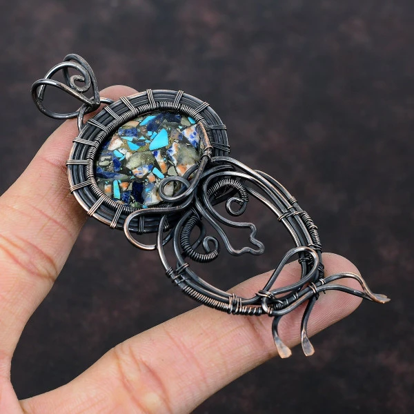 Copper Multi Turquoise Oval Blue Handmade Copper Wire Wrapped Pendant