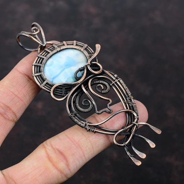 Larimar Oval Blue Handmade Copper Wire Wrapped Pendant
