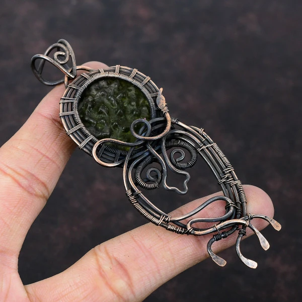 Moldavite Round Green Handmade Copper Wire Wrapped Pendant