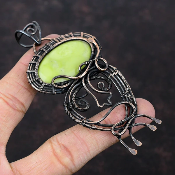 Serpentine Oval Green Handmade Copper Wire Wrapped Pendant