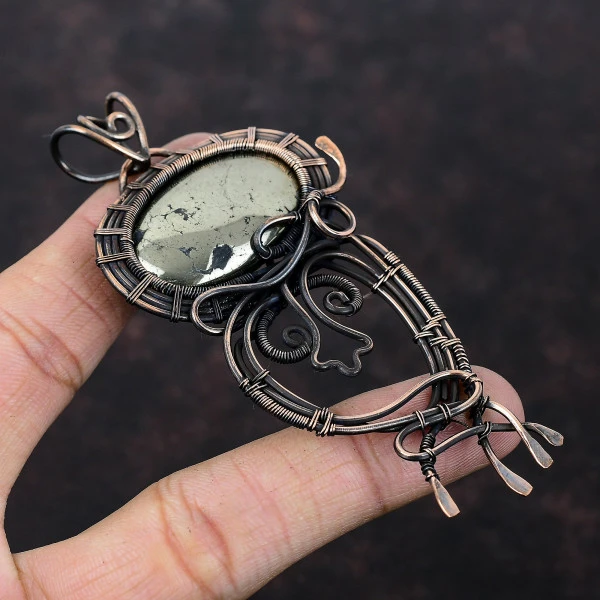Pyrite Oval Gold Handmade Copper Wire Wrapped Pendant