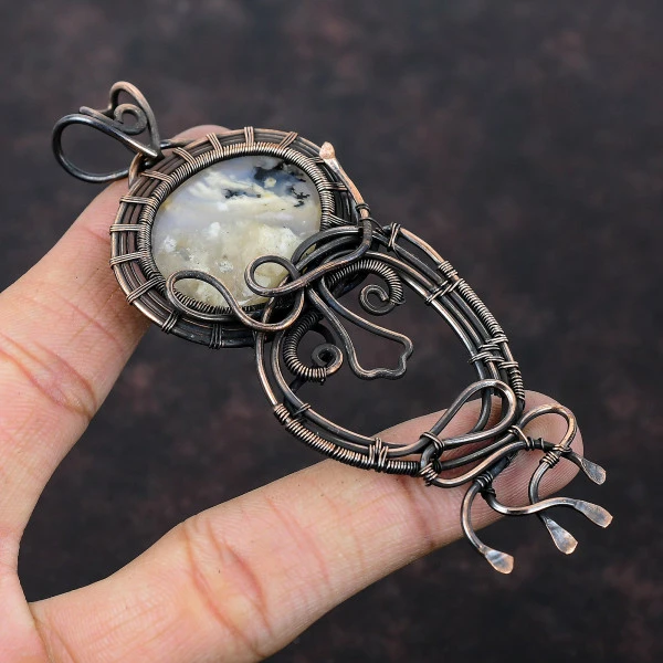 Plume Agate Oval Yellow Handmade Copper Wire Wrapped Pendant