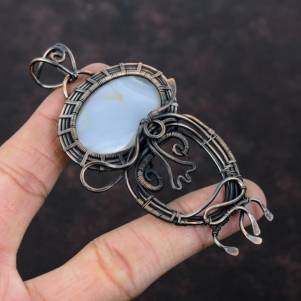 Agate Oval White Handmade Copper Wire Wrapped Pendant