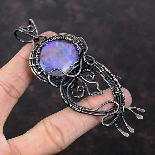 Rainbow Mystic Opal Oval White Handmade Copper Wire Wrapped Pendant