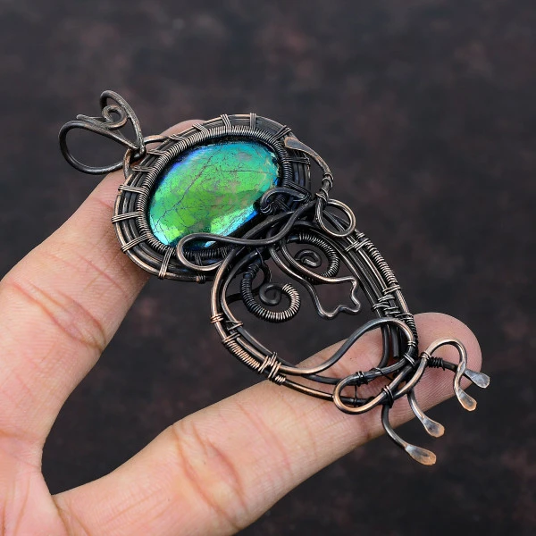 Mystic Fire Labradorite Oval Green Handmade Copper Wire Wrapped Pendant