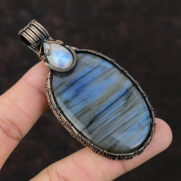 Labradorite Oval Blue Handmade Copper Wire Wrapped Pendant