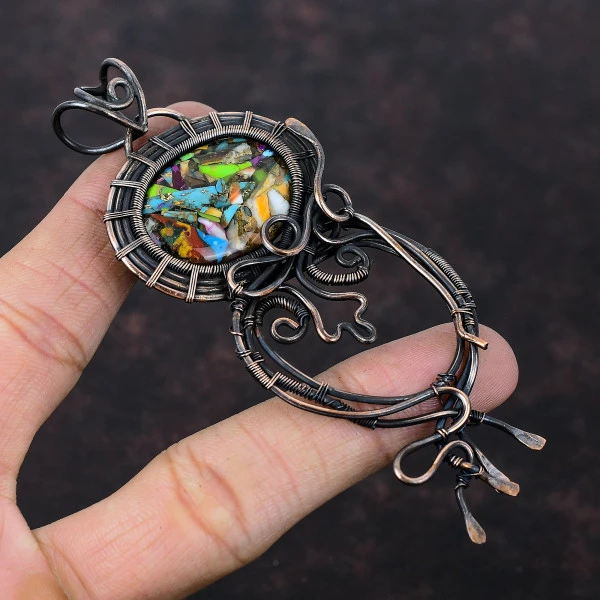 Fiesta Kingman Turquoise Oval Green Handmade Copper Wire Wrapped Pendant