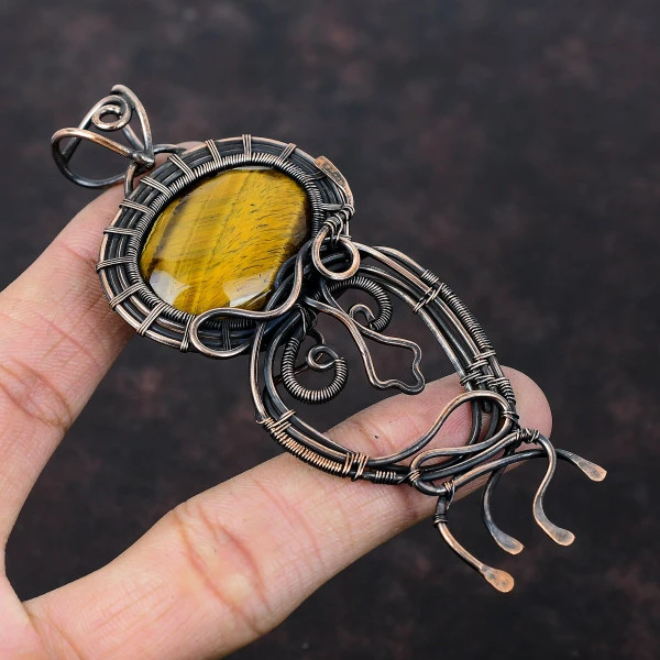 Tiger's Eye Oval Brown Handmade Copper Wire Wrapped Pendant