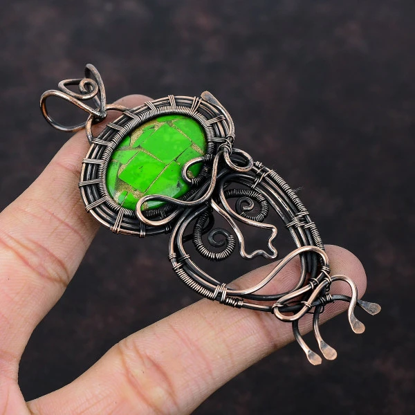 Copper Green Turquoise Oval Green Handmade Copper Wire Wrapped Pendant