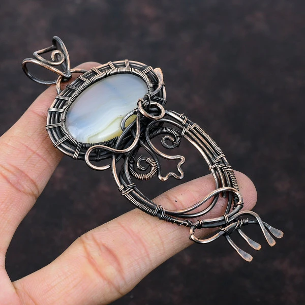 Botswana Agate Oval White Handmade Copper Wire Wrapped Pendant