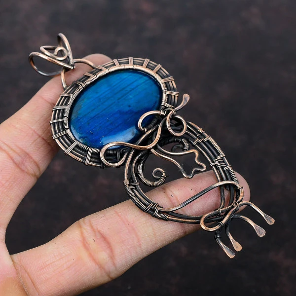 Neon Flash Labradorite Oval Blue Handmade Copper Wire Wrapped Pendant