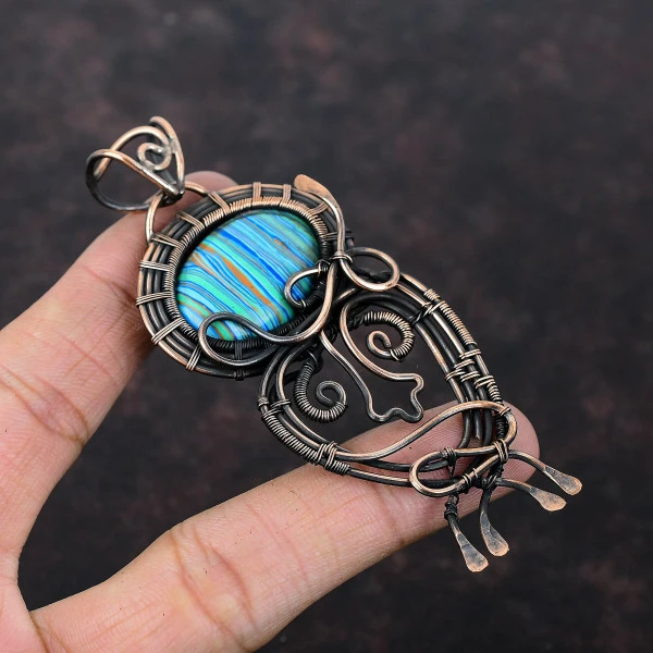 Rainbow Calsilica Oval Blue Handmade Copper Wire Wrapped Pendant