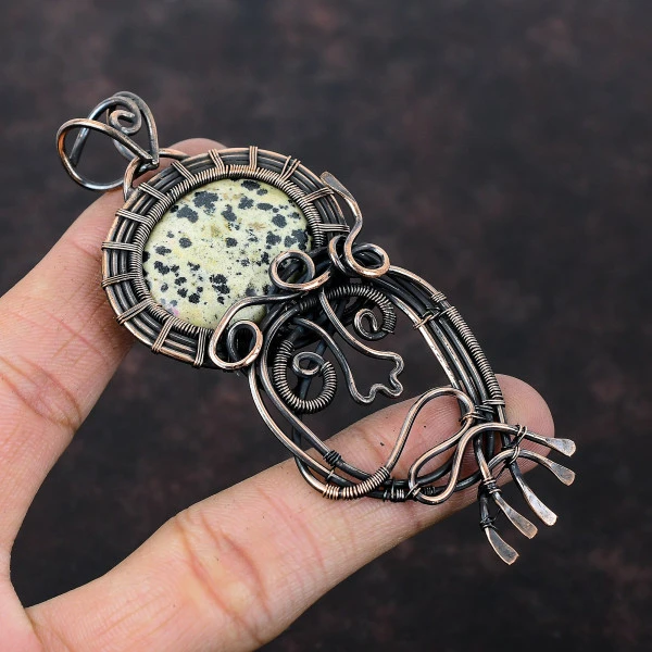 Dalmatian Jasper Oval Black Handmade Copper Wire Wrapped Pendant