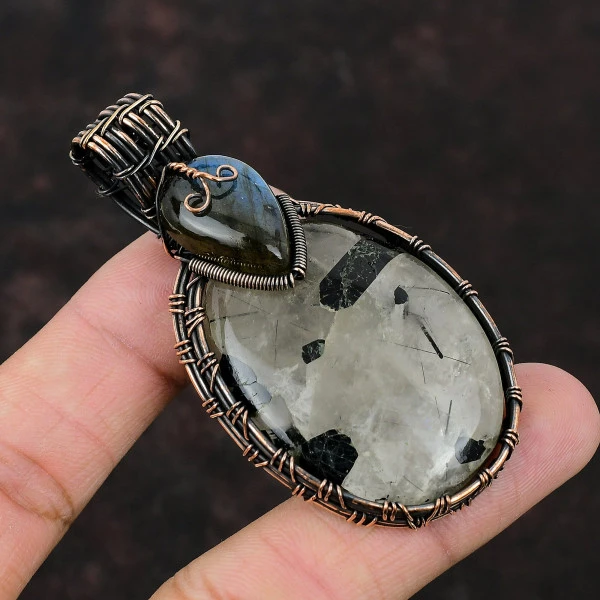 Black Rutile Oval White Handmade Copper Wire Wrapped Pendant