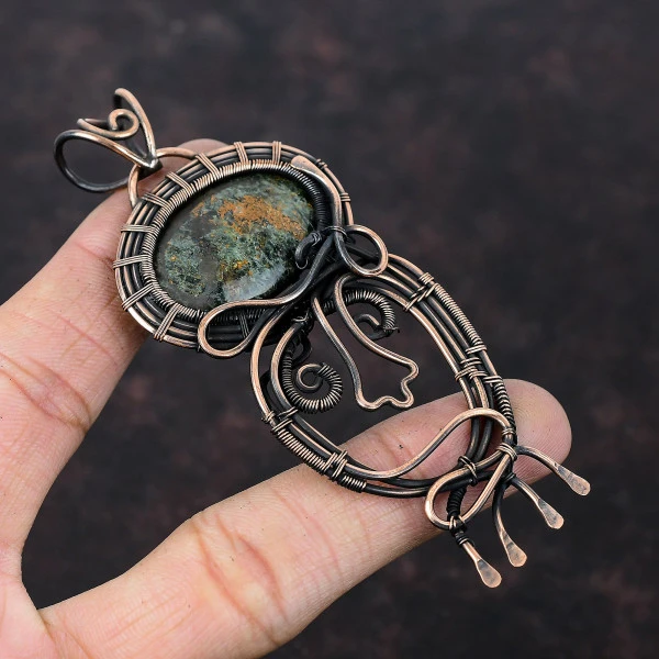 Spessartine Garnet in Limestone Oval Green Handmade Copper Wire Wrapped Pendant