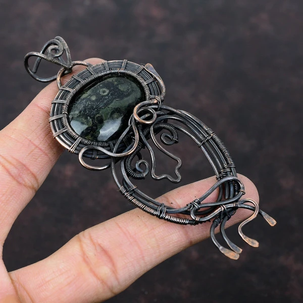 Kambaba Jasper Oval Green Handmade Copper Wire Wrapped Pendant