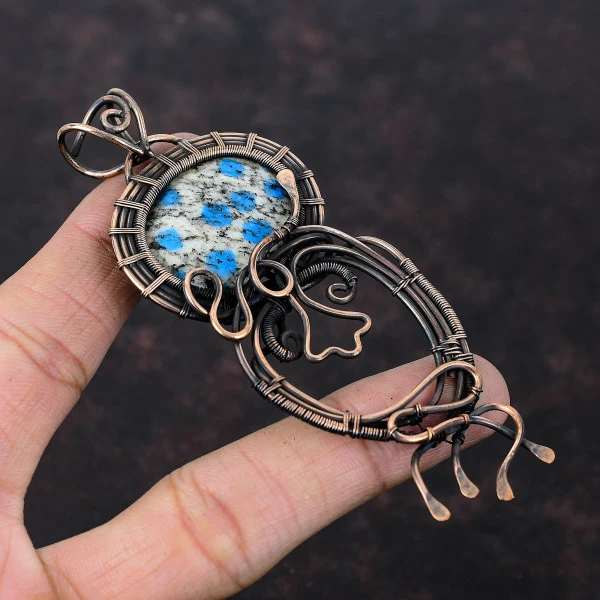 K2 Jasper Oval White Handmade Copper Wire Wrapped Pendant