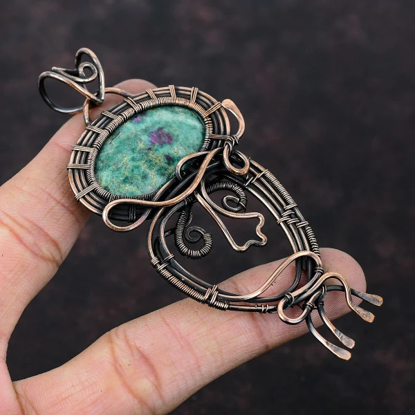 Ruby Fuchsite Oval Green Handmade Copper Wire Wrapped Pendant