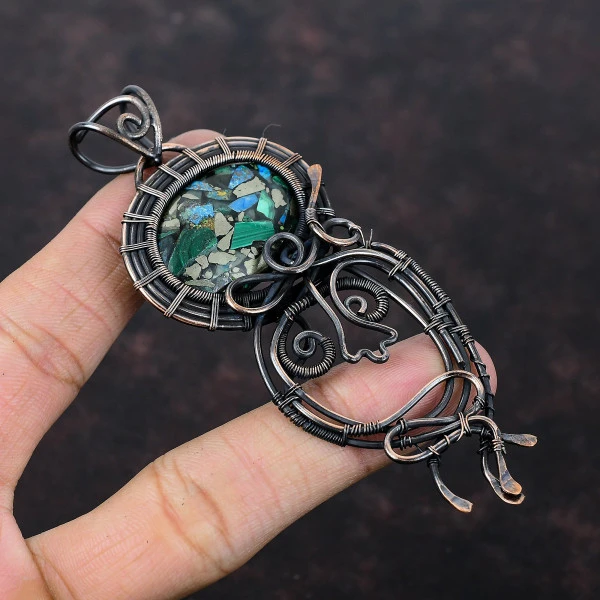 Copper Azurite Malachite Oval Green Handmade Copper Wire Wrapped Pendant