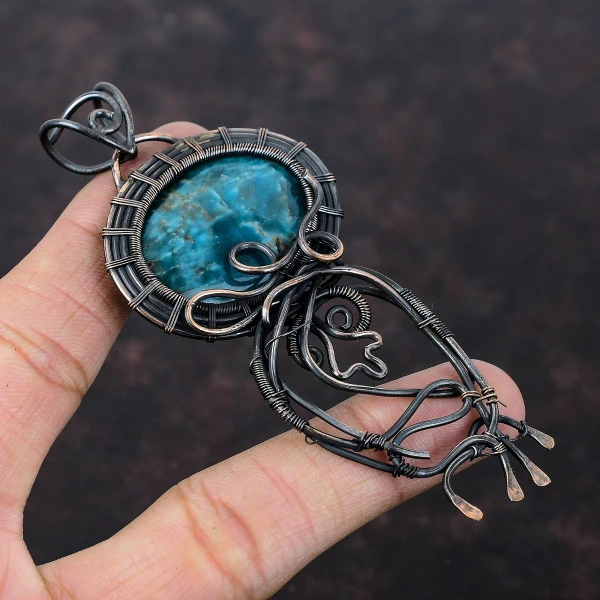 Neon Apatite Oval Blue Handmade Copper Wire Wrapped Pendant
