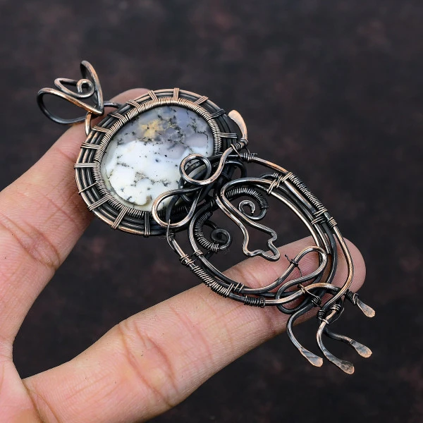Dendrite Opal Oval White Handmade Copper Wire Wrapped Pendant