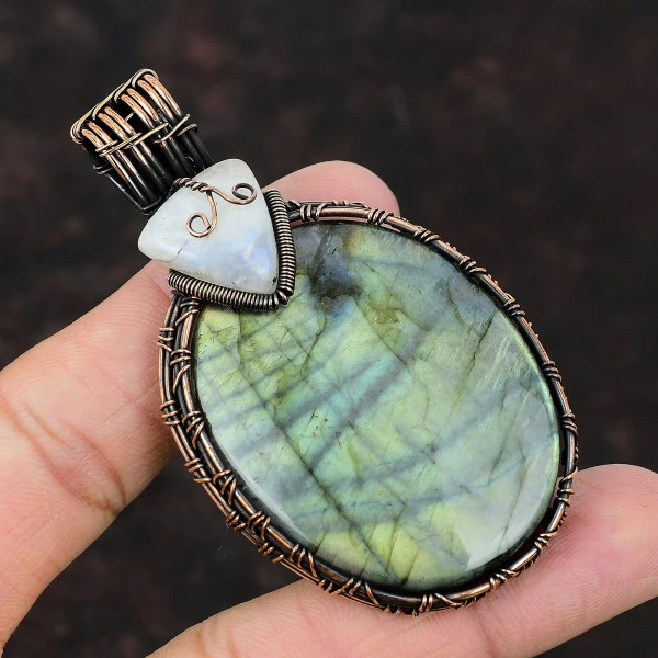 Labradorite Oval Gray Handmade Copper Wire Wrapped Pendant