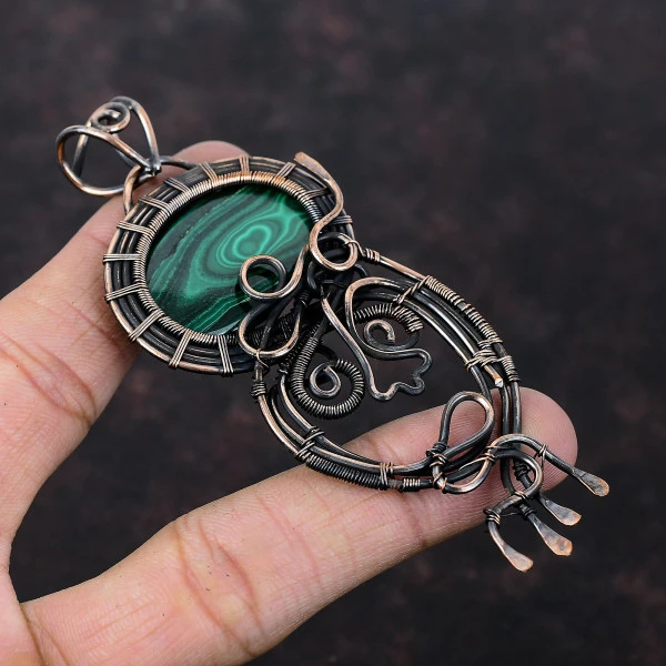 Malachite Oval Green Handmade Copper Wire Wrapped Pendant