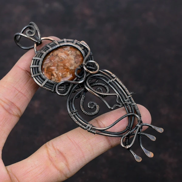 Sunstone Oval Orange Handmade Copper Wire Wrapped Pendant