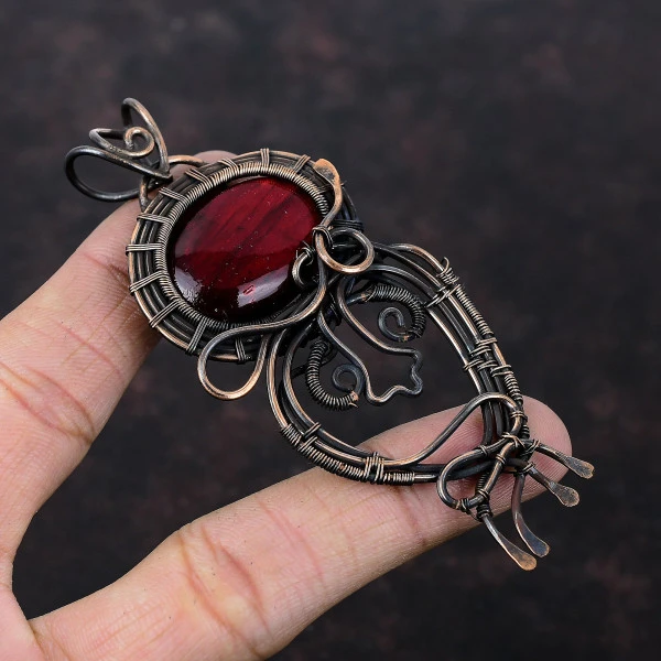 Red Fire Labradorite Oval Red Handmade Copper Wire Wrapped Pendant