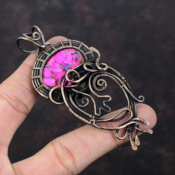 Natural Kingman Pink Dahlia Turquoise Oval Pink Handmade Copper Wire Wrapped Pendant