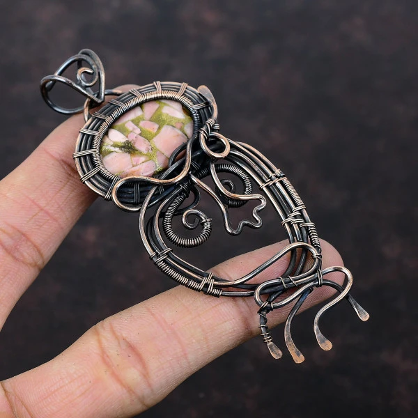 Copper Pink Opal Oval Pink Handmade Copper Wire Wrapped Pendant
