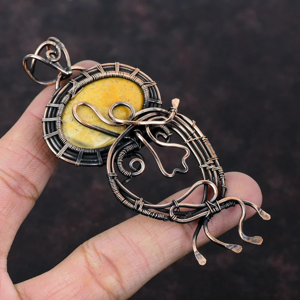 Fossil Coral Oval Yellow Handmade Copper Wire Wrapped Pendant