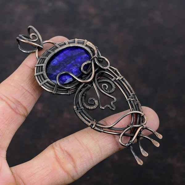 Blue Sapphire Oval Blue Handmade Copper Wire Wrapped Pendant