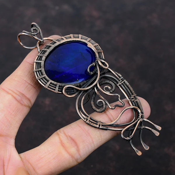 Blue Fire Labradorite Oval Blue Handmade Copper Wire Wrapped Pendant