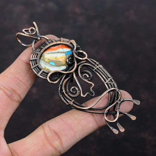 Spiny Oyster Copper Turquoise Oval Orange Handmade Copper Wire Wrapped Pendant