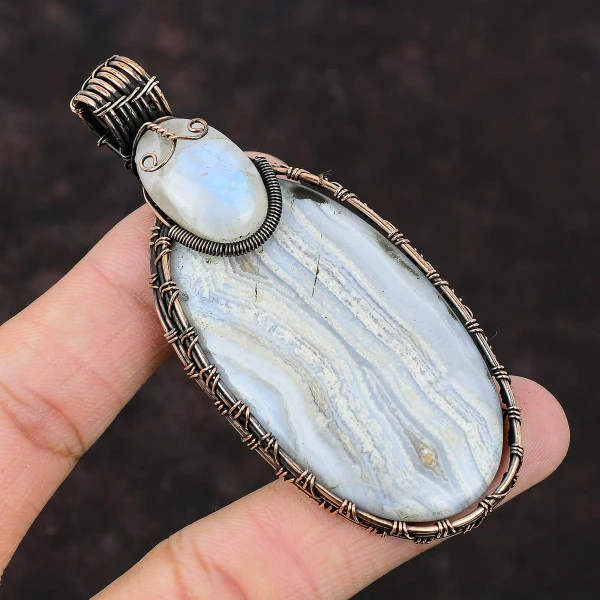 Blue Lace Agate Oval Blue Handmade Copper Wire Wrapped Pendant