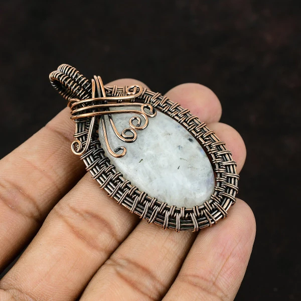Rainbow Moonstone Oval White Handmade Copper Wire Wrapped Pendant