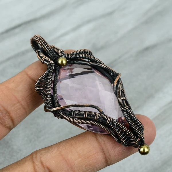Pink Kunzite Oval Pink Handmade Copper Wire Wrapped Pendant