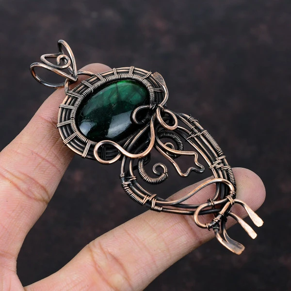 Green Fire Labradorite Oval Green Handmade Copper Wire Wrapped Pendant