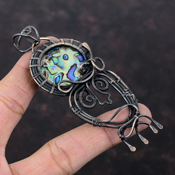 Abalone Shell Oval Green Handmade Copper Wire Wrapped Pendant