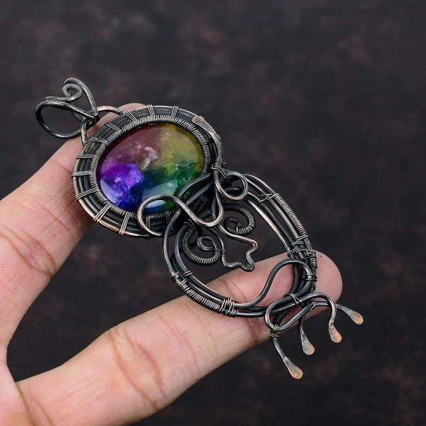Rainbow Solar Quartz Druzy Oval Pink Handmade Copper Wire Wrapped Pendant